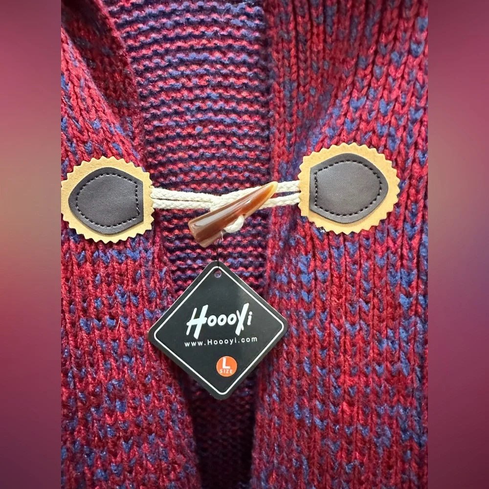 Hoooyi Size L Long Line Horn Buckle Hooded Knitted Cardigan Sweater NWT - Picture 3 of 4